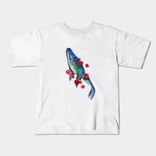 Watercolor whale and red flowers Kids T-Shirt